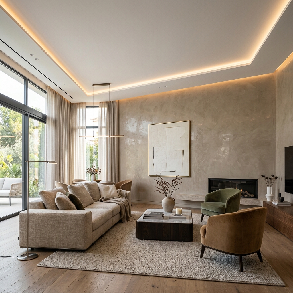 Sala con estuco veneciano con cielo raso